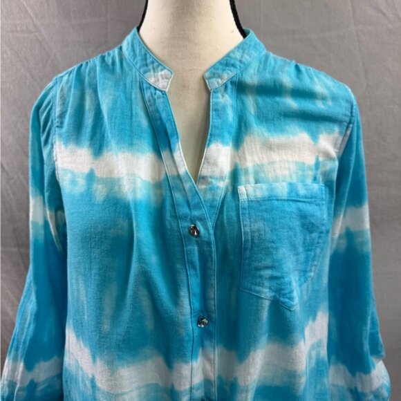 Tye Dye Rhinestone Button Front Tie Blouse Blue - Picture 6 of 6